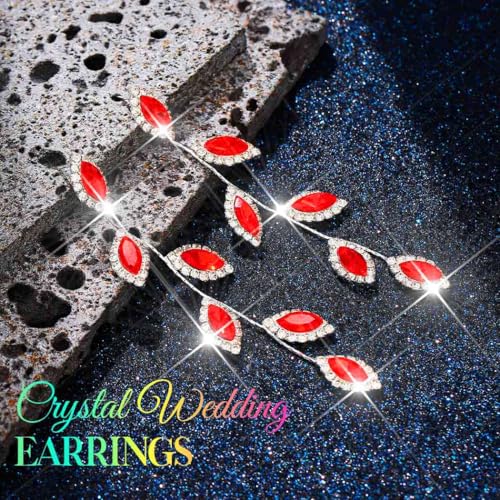 Catery Crystal Wedding Earrings Rhinestones Dangling Earrings Leaf Bridal Ear Jewelry for Brides and Women - color: Red