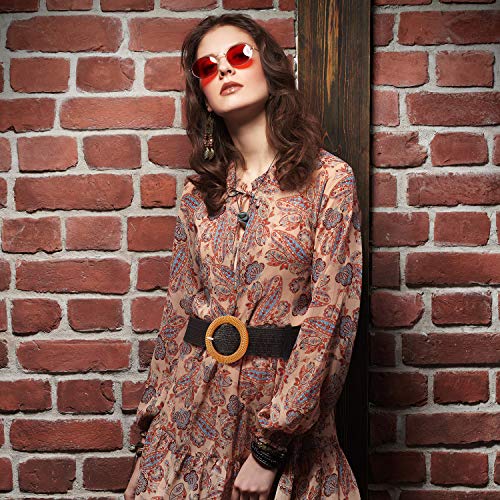 2 Pieces Women Straw Woven Elastic Stretch Waist Belt Skinny Dress Braided Waist Belt with Wooden Style Buckle - color: Black and White