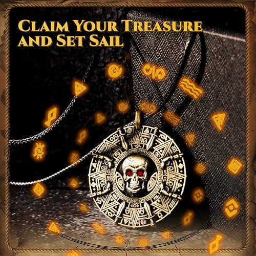 UNKENBO® Midnight Red-Eye Glow Special Edition Pirate Necklace for Men Women - Cursed Skull Pirate Accessories, Authentic Double-Sided Antique Brass Medallion Jewelry, Halloween Cosplay Necklace - color: Glowing Red Eyes