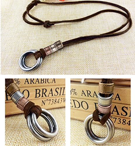 PU Leather Necklace Vintage Boho Style Multilayer Pendant Long Sweater Necklace Jewelry for Women Men with Adjustable Leather Cord - color: Leather Double Rings Necklace
