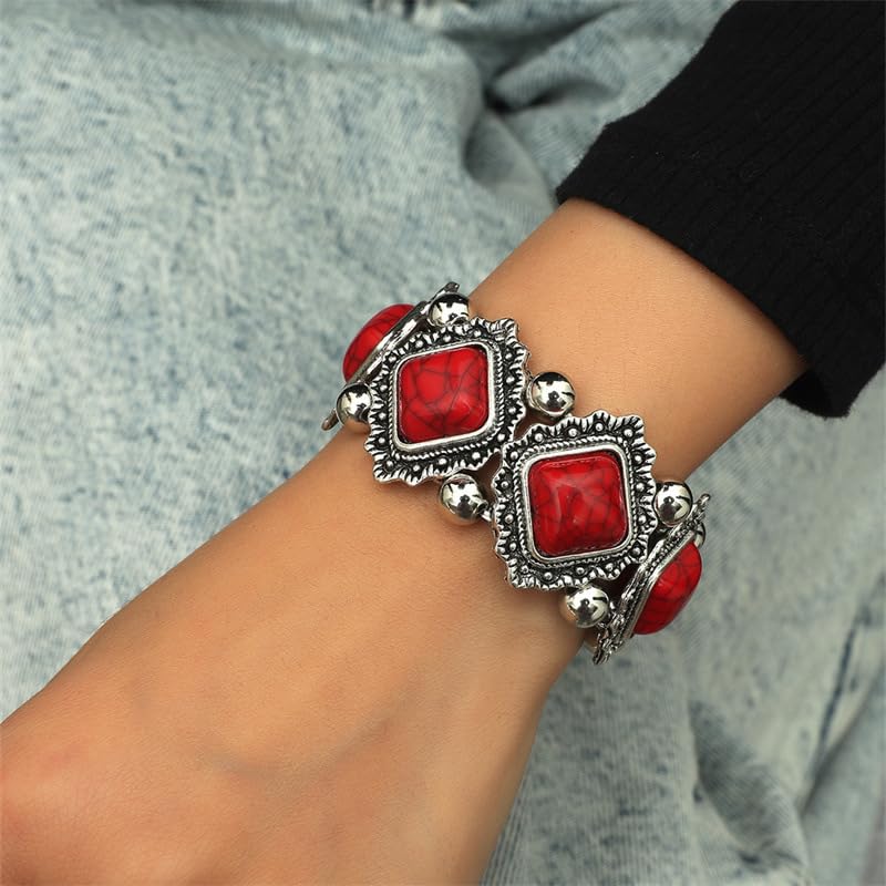 Turquoise Beaded Stretch Bracelets Bohemian Stackable Bracelets Y2K Summer Beach Bracelets Jewelry for Women - color: Red