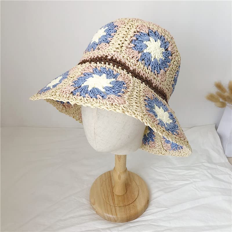Women Straw Sun Hat Floral Woven Crochet Bucket Hat Y2k Aesthetic Accessories Beach Hat Hand Woven Boho Foldable Cap - color: Lavender