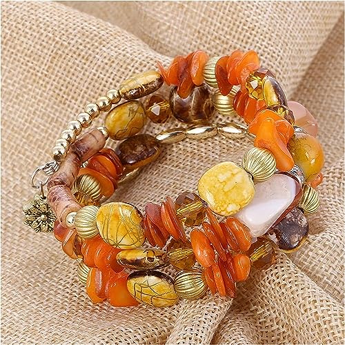 Women Beaded Bracelet Set | Colorful Boho Stackable Trendy Design with Crystal Accents Multilayer Bangle Bracelet | Fashion Stretch Braclets Jewelry for Women - color: Orange.