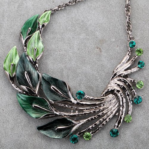 YAZILIND Ethnic Style Tibetan Silver Peacock Crystal Chunky Bib Earrings Necklace Set Wedding Party - color: Green