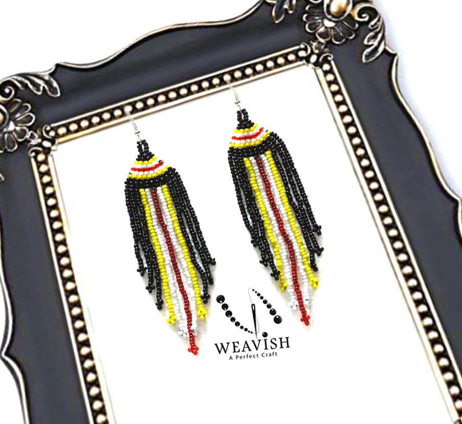 Long Beaded Dangle Earrings – Boho Native Handmade Seed Bead Tassel Bohemian Large Statement Drop Fringes for Women - color: Black & yello