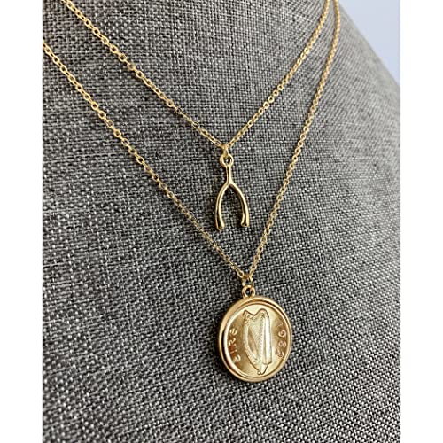 American Coin Treasures Pendant Irish Half Penny Coin Necklace- Double Strand 18&16 Inch Cable Chain- Goldtone Bezel- Harp Obverse Side