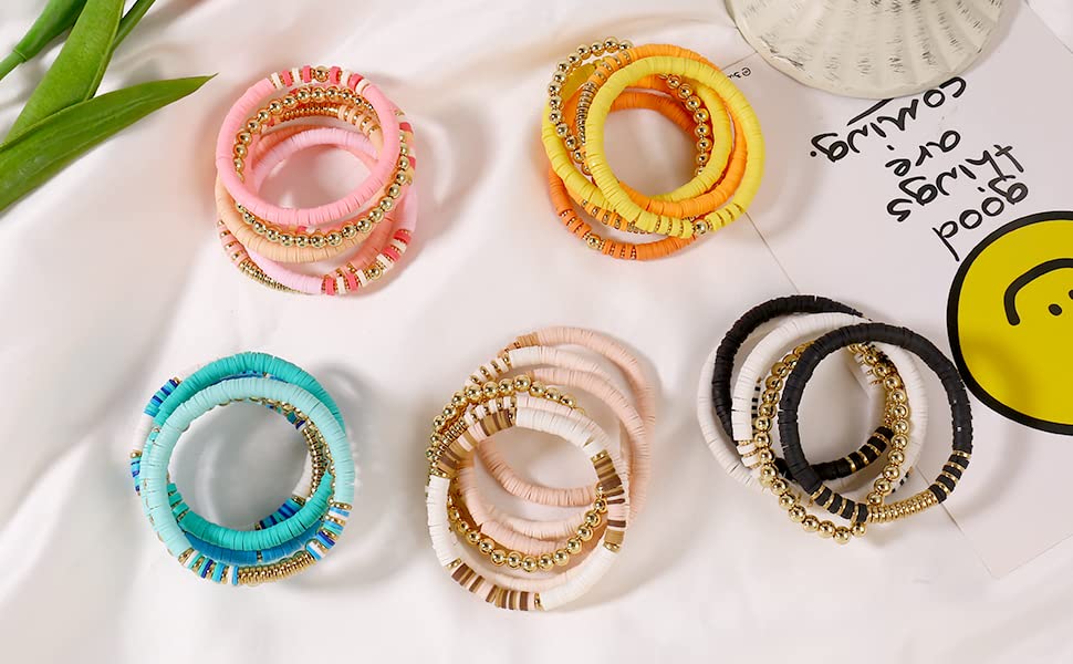 Elegance 11 designs Heishi Beaded Bracelets For Women Polymer Clay Colorful Surfer Stackable Beads Boho Bracelet Summer Beach Jewelry - color: Black And White