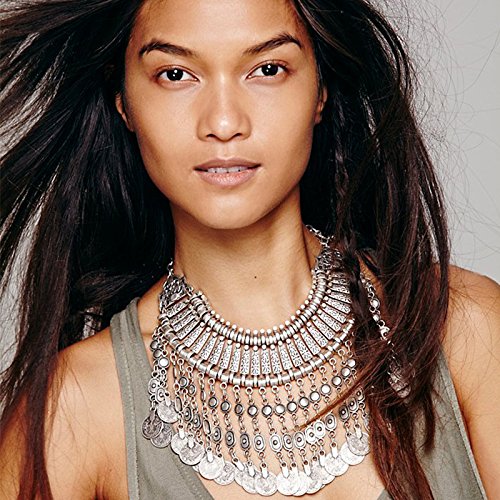 Vintage Tassel Coin Collar Bib Statement Necklace for Women Men Ancient Gold Silver Retro Engraved Exaggerated Short Chunky Boho Choker Ethnic Gypsy Tribal Clavicle Chain Pendant Costume Party Jewelry - color: Ancient Silver