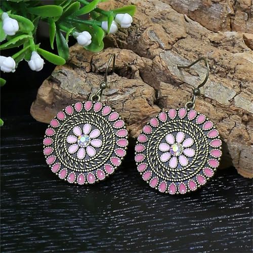 MALOYANVE Vintage Boho Circular Flower Dangle Earring, Handmade Bronze Tribal Round Enamel Floral Drop, Bohemian Ethnic Statement Jewelry Gift for Women - color: Pink