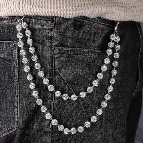 Rhinestone Ball Jeans Chain, Double Layer Crystal Waist Chain, Silver & Blue Sparkly Bling Pants Chain, Hip Hop Belt Chain Accessories for Women Men, Y2K Punk Aesthetic for Party, Festival, Everyday Wear - color: White