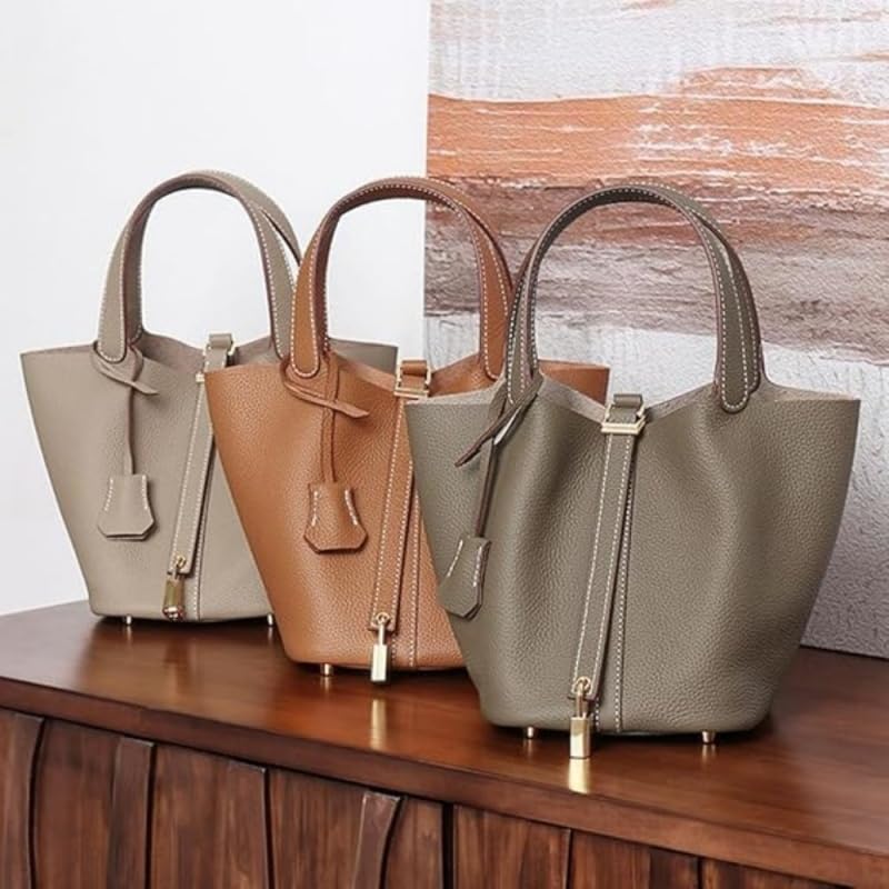 Genuine Leather Bucket Bag for Women: Lock Design Shoulder Handbag Versatile Top-Handle Tote Fashionable Vegetable Basket - color: White