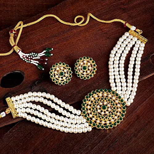 Aheli Pearl Diamond Choker Necklace & Round Earrings Gift for Women Indian Traditional Bollywood Fashion Bharatanatyam jewellery set - color: White & Green
