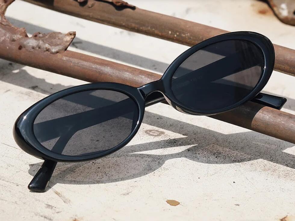 90s Sunglasses for Women Men Retro Small Oval Sunglasses - color: Black/Grey