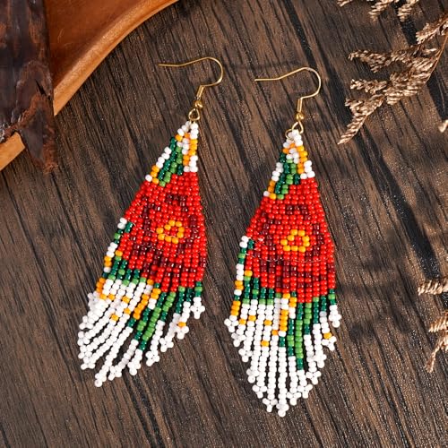 Bohemian Beaded Long Tassel Dangle Earrings for Women, Handmade Jewelry White Tarnish Resistant Lightweight Design, Stylish Accessory for Beach Vacation Party and Gift - color: colors-3