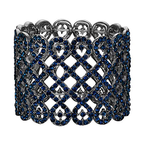 EVER FAITH Art Deco Love Knot Wide Stretch Bridal Bracelet Austrian Crystal - color: Blue Black-Tone
