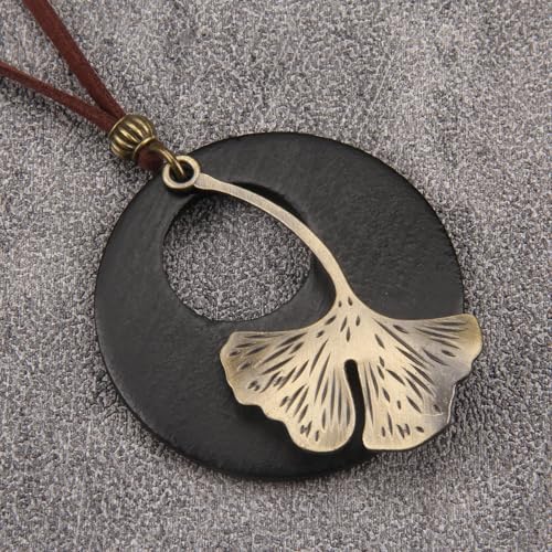 Kelake Leather Necklace for Women Men Teen Vinatge Boho Alloy Pendant Choker Jewelry Fashion Sweater Necklaces with Adjustable Genuine Leather Chain - color: Gold Ginkgo Leaf & Black Wood Pendant