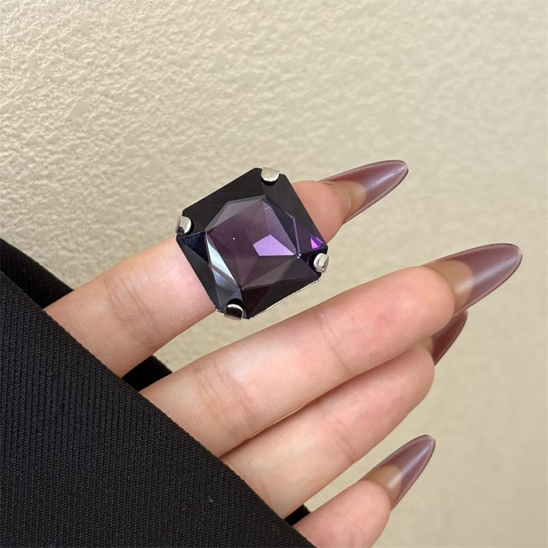 Square Large Rhinestone Exaggerated Statement Ring for Women Sparkling Thick Chunky Geometric Big Crystal Stone Finger Knuckle Band Rings Open Adjustable Wedding Brides Cocktail Prom Party Jewelry - color: Purple