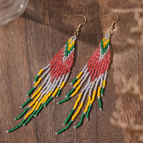Flower Black Beaded Long Tassel Western Native American Earrings For Women Dangling - color: yellow green