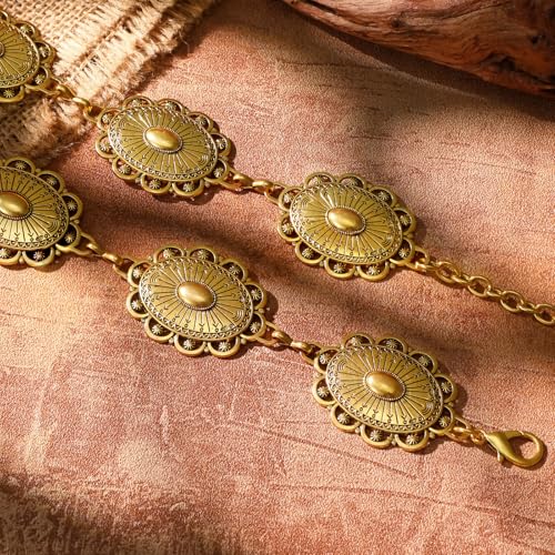 XZQTIVE Women Boho Chain Belts For Dresses Jeans Western Cowgirl Waist Links Belt Adjustable Metal Concho Belt - color: Matte Gold, size: Fit Waist up to 46 In