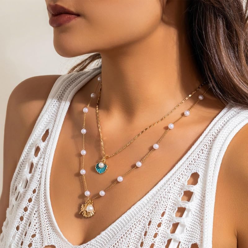 Layered Charm Necklace Boho Summer Jewelry Beach Vacation Gift for Women Surfer Accessories Gold-Filled Chain Summer Jewelry - color: A2