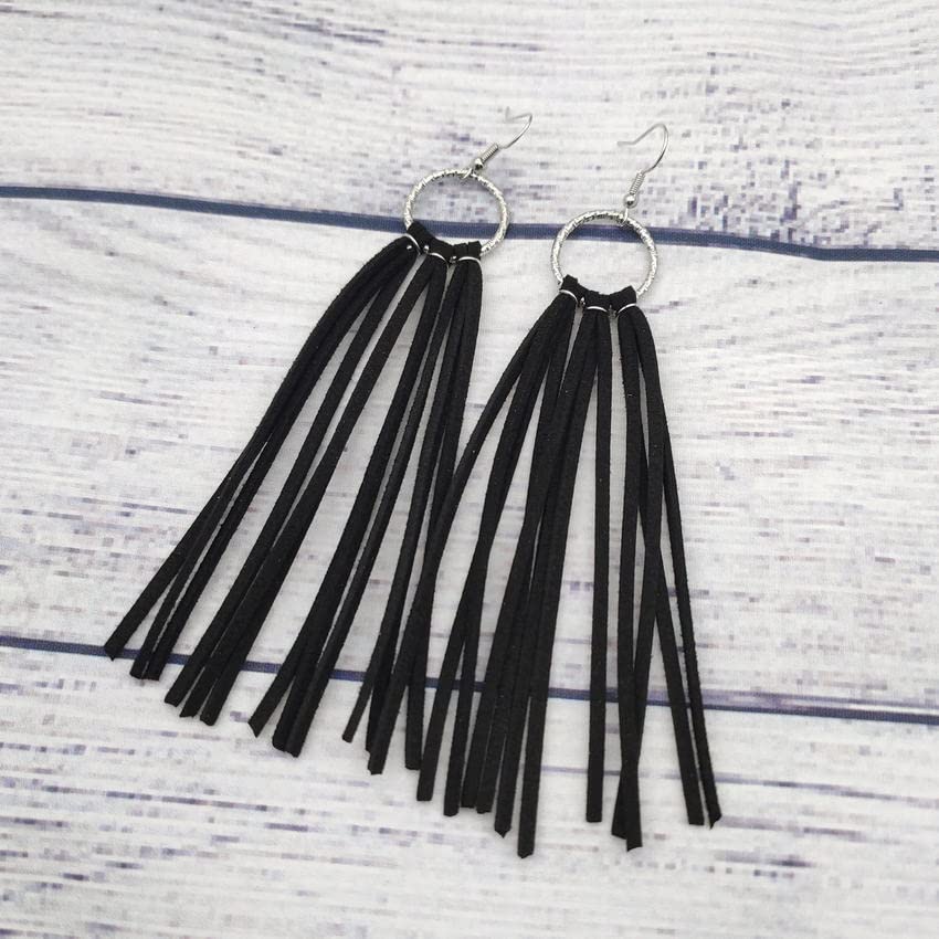 Bohemian Statement Light Weight Fringe Leather Earrrings Triangle Deerskin Leather Boho Western Statement Dangel Earrings for Women - color: Black
