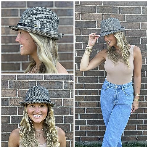 Funky Junque Straw Fedora Hats for Women - UPF 50+ Sun Hat, Short Brim Packable Beach Hat with Woven Pattern - color: 2 Pack - Black & Natural Multi W/Beaded Ropes