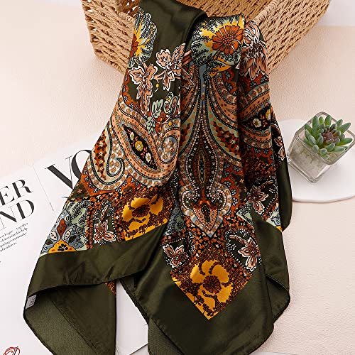 NZKNP Silk-Like Head Scarf - Women's Bandana Wraps - color: 17-dark Green Flower, size: 35"*35"