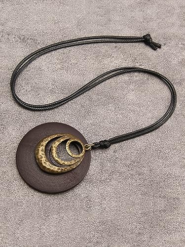 GelConnie Leather Cord Necklace Chain Multilayer Wooden Pendant Necklaces Vintage Jewelry Boho Long Sweater Necklace for Women Men - color: Circle Wooden Necklace