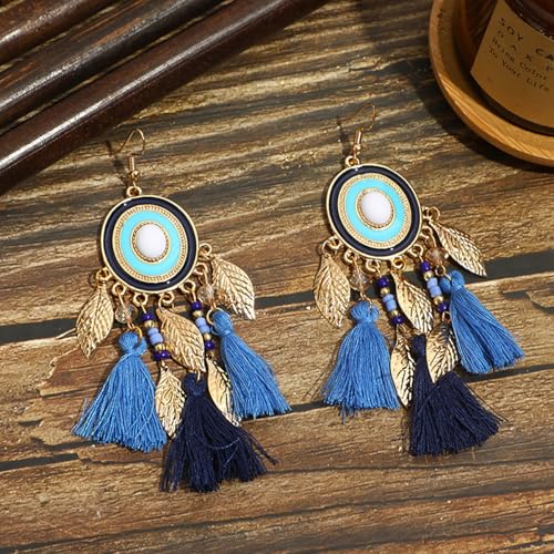 Bohemian Silk Tassels Statement Earrings Vintage Lightweight Gold Leaf Geometric Handmade Beads Drop Dangle Earring Ethnic Style Trendy Jewelry Accessories for Women - color: Blue