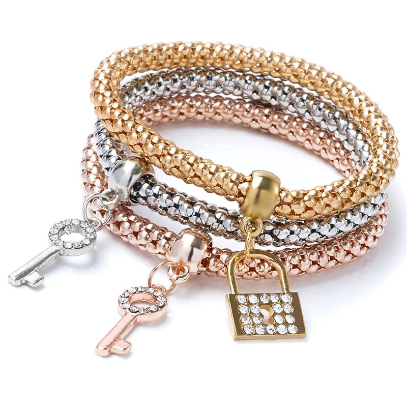 Alegend Titanium Steel (Not Rust, Resist Corruption, Easily Clean) 18K Gold Plated Single Bracelets + 14K Gold Plated Stackable Multilayer Bracelets - style: 14KGold Crystal Keys and Locks