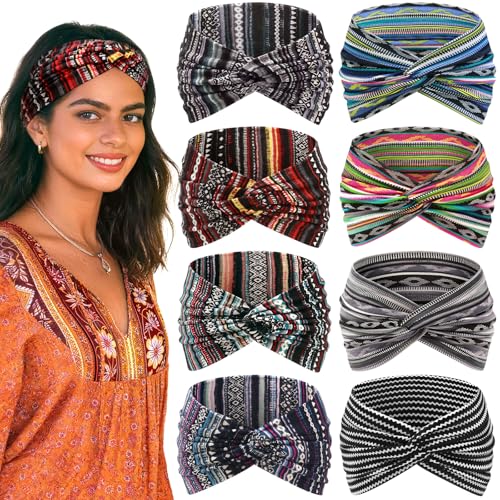 Awumbuk Wide Headbands for Women, 7.08 Inch Thick Boho Turban Style Hair Wraps, Non-Slip Moisture-Wicking Workout Headband for Sports, Yoga, Daily Fashion, 8 Pack Multi Colors (Orange) - color: Orange