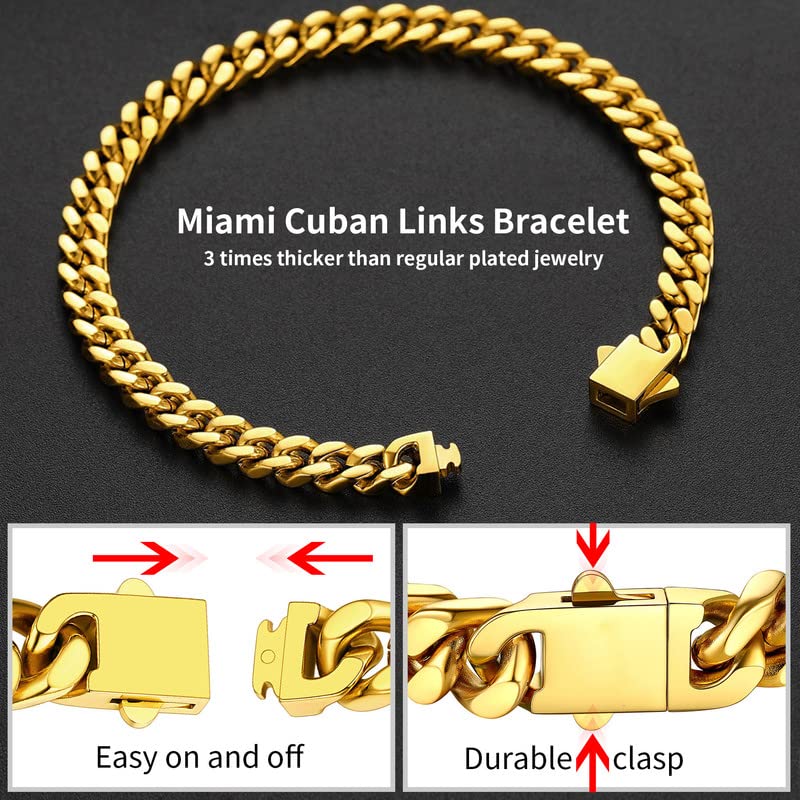 ChainsHouse Stainless Steel Cuban Link Bracelet for Men, 5mm/7mm/9mm/12mm Width, 7.5"/8.3"/9" Length, Black/18K Gold Plated Chain Wrist Bracelets for Men, with Gift Box - color: c. 5mm width-gold, size: 7.5 Inches