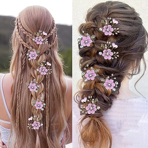 6 Pcs Bridal Flower Wedding Hair Pins Crystal Pearl Hair Pins Clips Headpiece Gold Wedding Hair Accessories Jewelry with Rhinestone for Brides Bridesmaids Women Girls Updo (Romantic Lilac Purple) - color: Romantic Lilac Purple