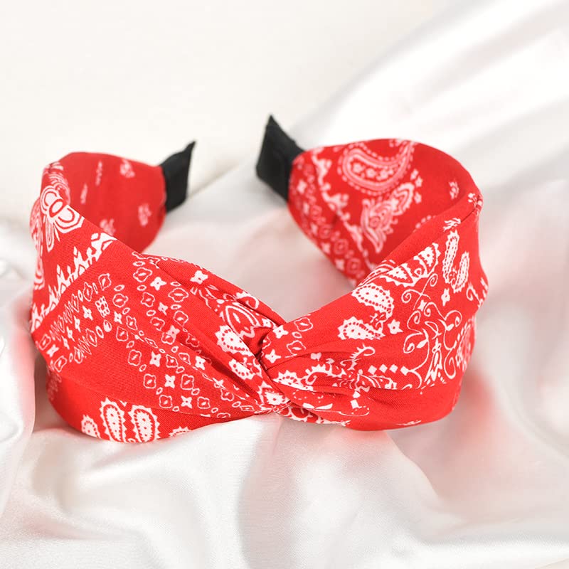 Red Knotted Boho Paisley Headband for Women's Hair - Non-Slip Turban Twist Knot Bandana Hairband - color: red