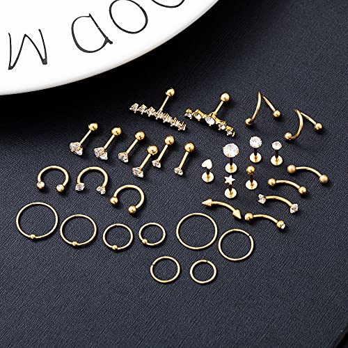REVOLIA 32Pcs Stainless Steel Cartilage Stud Earrings for Women Conch Helix Tragus Daith Conch Hoop Earing Piercing Jewelry Set - color: Gold-tone