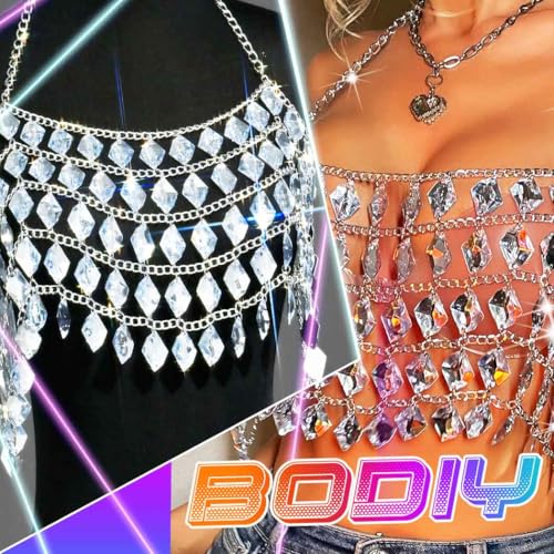 BODIY Rhinestone Body Chain Tops Crystal Halter Crop Tops Silver Bikini Chain Bra Body Accessories for Women