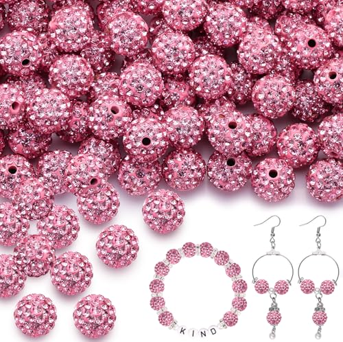 100pcs 10mm Rhinestone Beads for Jewelry Making, Dark Pink Shiny Round Shamballa Disco Ball Beads Bulk, Sparkle Crystal Clay Christmas for Bracelet Baseball Necklace Earring Crafting and DIY - color: Dark Pink, size: 10mm/100pcs