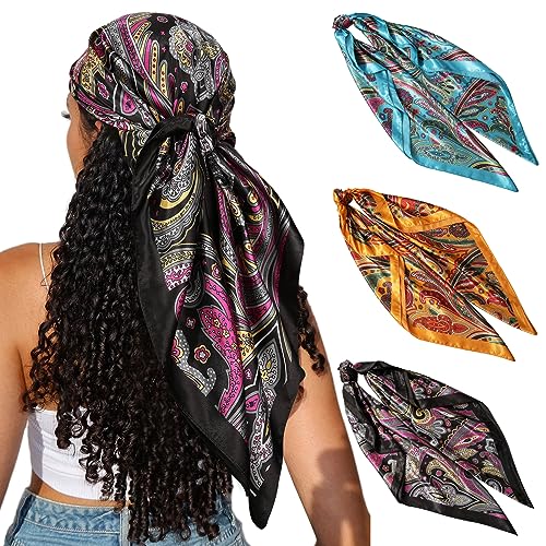 CHLINS 35" Satin Square Hair Scarf Bandanas - 3Pcs Large Silk Head Scarves Lightweight Sleeping Hair Wraps for Women - color: Blue+yellow+black