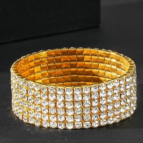 Zealmer Sparkle Multicolor Rhinestone Stackable Stretch Bracelets for Women - color: 6 Row Gold Bracelet