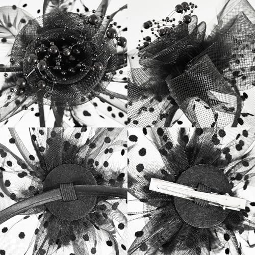 Fascinators Hat Pearl Earrings Necklace Bracelets Gloves 1920s Headband Hair Clips Women Flower Mesh Feather Headpiece Headwear Halloween Carnival Cocktail Wedding Tea Party Accessories Black - color: Black