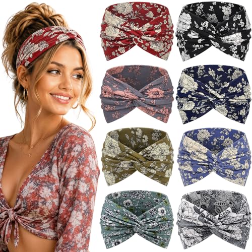 Awumbuk Wide Headbands for Women, 7.08 Inch Thick Boho Turban Style Hair Wraps, Non-Slip Moisture-Wicking Workout Headband for Sports, Yoga, Daily Fashion, 8 Pack Multi Colors (White) - color: White