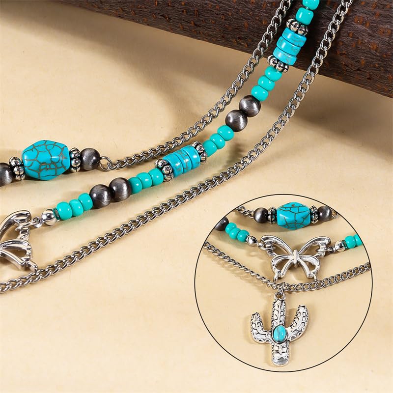 Pingyongchang Boho Layered Western Turquoise Necklaces for Women Vintage Stone Beaded Chokers Butterfly Catus Chain Country Concert Cowgirl Cowboy Jewelry Holiday Gifts - style: D Catus
