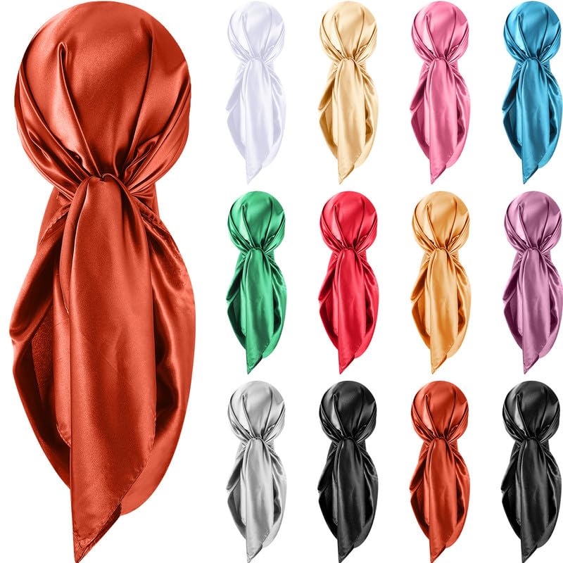 Hicarer 12 Pcs 35 Inch Satin Head Scarf Square Silk Like Neck Scarf Large Hair Scarf Silk Lightweight Hair Wrapping for Women - color: Simple Style