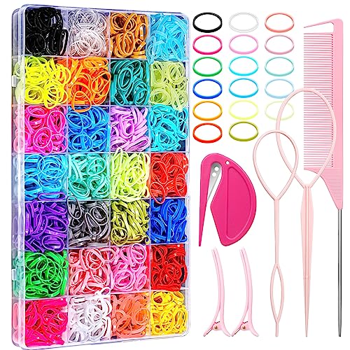 28 Colored Rubber Bands for Hair, 1500 Pcs Small Girls Elastic Ties With 6 Styling Tools - Colorful Accessories for Baby Toddlers Kids - color: Multicolor
