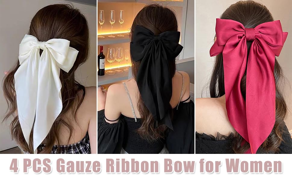 Hair Bows 4 PCS, Hair Bows for Women, Hair Ribbons, Oversized Long-tail Cute Aesthetic Hair Accessories, Large Hair Barrettes for Women, Bows for Girls (Wine red, off white, black, white)