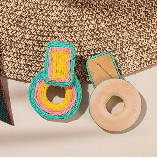 Statement Raffia Earrings Cute Boho Earrings Rattan Dangle Earrings Handmade Straw Wrap Earrings Summer Drop Dangling Earrings for Women Teen Girls - color: Teal/Pink/Yellow