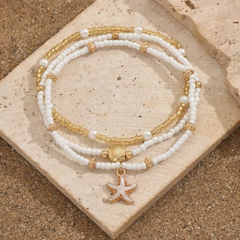 3Pcs Bohemian Beaded Anklet Set for Women, Faux Pearl Shell Starfish Summer Beach Ankle Bracelets, Vacation Holiday Foot Jewelry