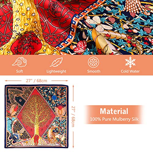 Stlvoll 100% Silk Head Scarf for Women - 27" Hair Scarves Satin Bandanas Square for Night Sleeping with Gift Packed - color: Red/Tree