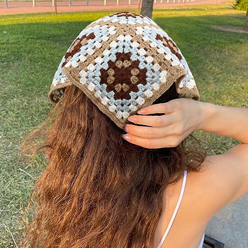 DRESHOW Floral Crochet Hair Bandana Tie Knotted Headscarf Vintage Headband Knitted Head Kerchief for Women Girls - color: 2 Pcs Floral (Burgundy + Khaki)