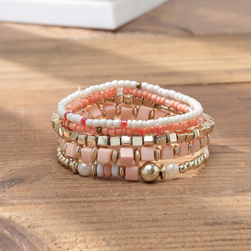 COLORFUL BLING 5Pcs/Set Bohemian Stackable Beads Bracelet for Women Multilayer Boho Seed Statement Stretch Strand Bracelet Friendship Women Jewelry - color: green